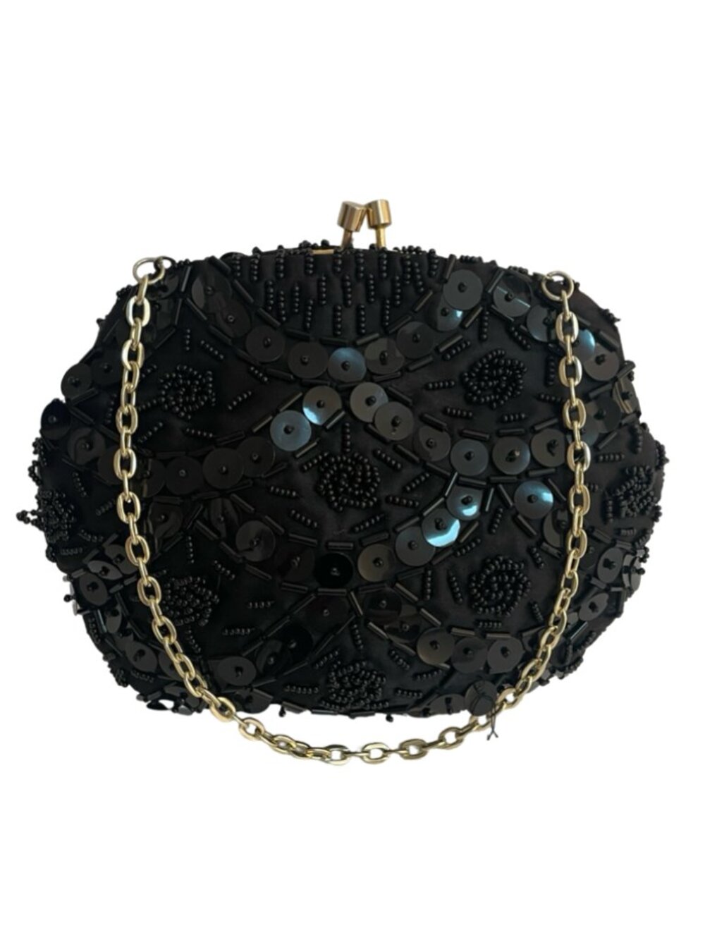 Vintage Hong Kong Black Beaded Sequin Evening Bag Gold Chain Kiss Lock Clutch